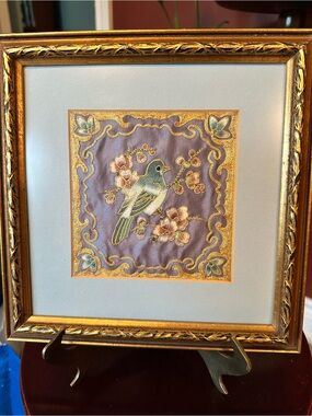 Gold-Framed Embroidered Bird Wall Art with Lavender Background